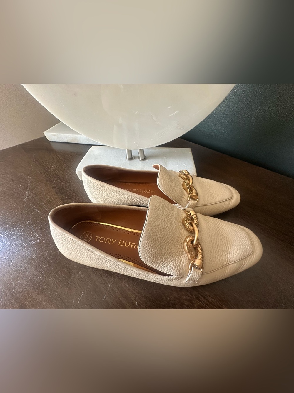 Tory Burch Cream Leather Loafers with Gold Horsebit - Picture 8 of 15